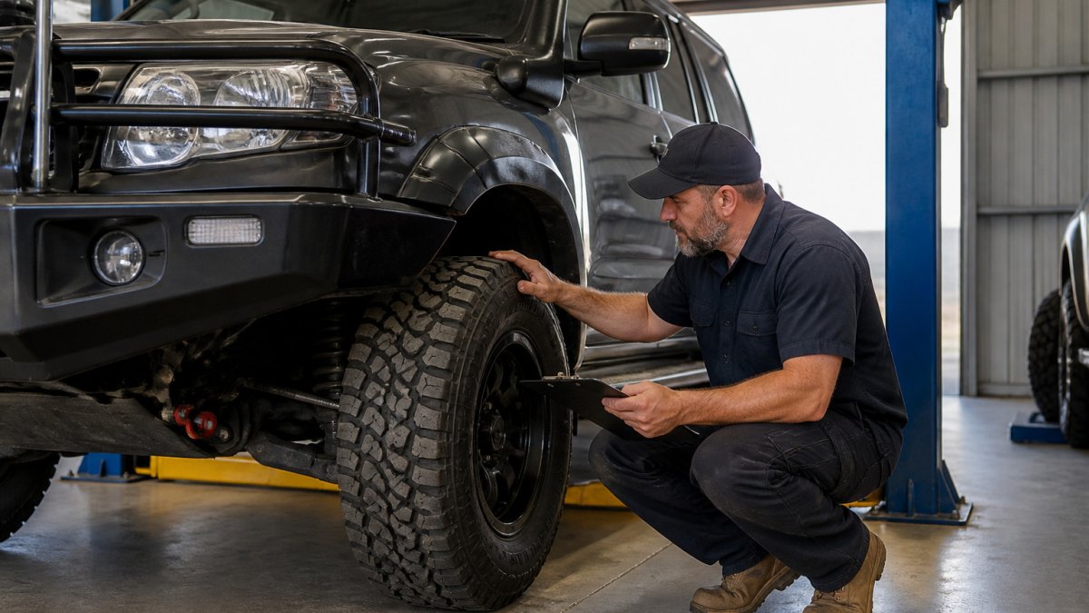 Mechanic using a clipboard to conduct a 4wd safety inspection of a vehicle in a professional workshop.