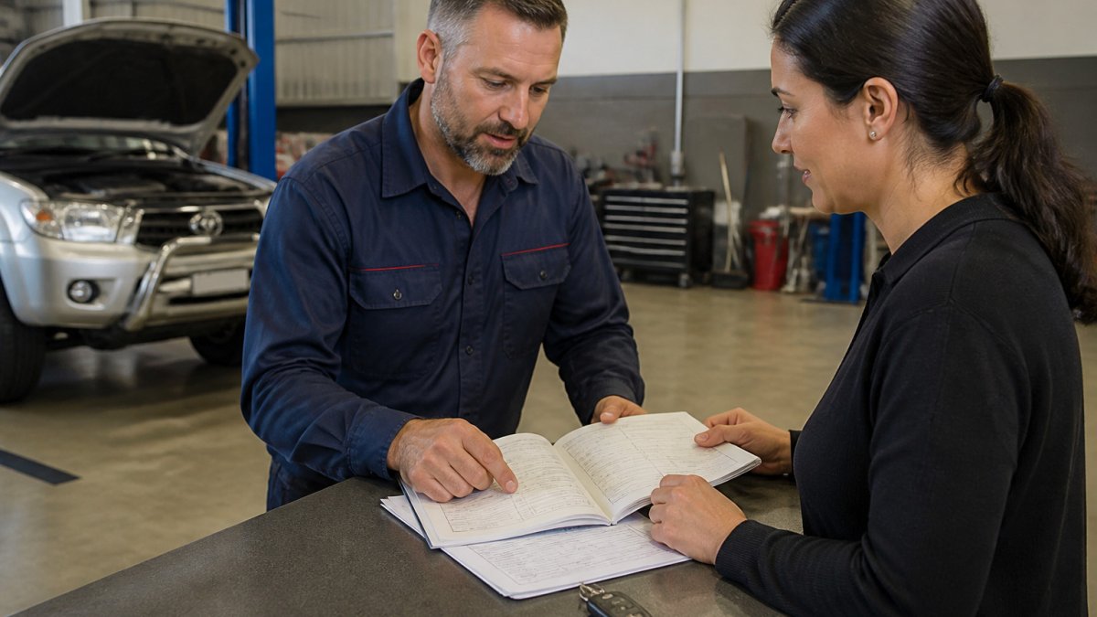 Mechanic reviewing paperwork with a customer to provide a logbook service quote at the workshop counter