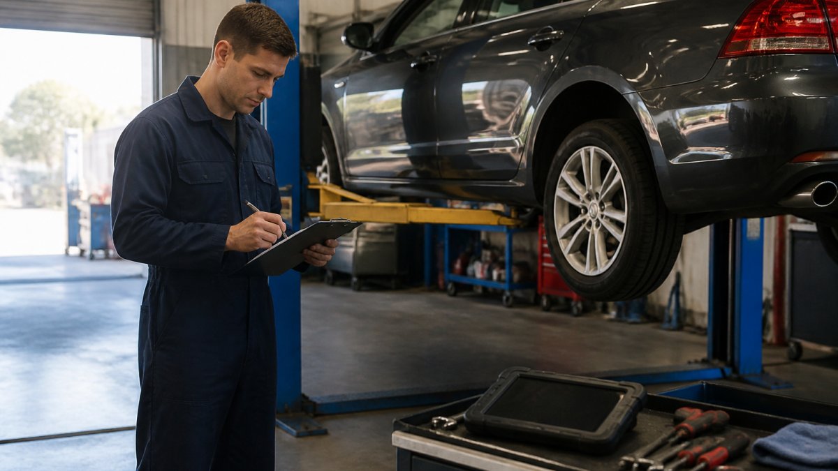 A mechanic in clean navy workshop overalls checking a clipboard beside a sedan raised on a two-post hoist in a bright, tidy service centre, diagnostic tablet on a nearby bench, morning light through roller doors