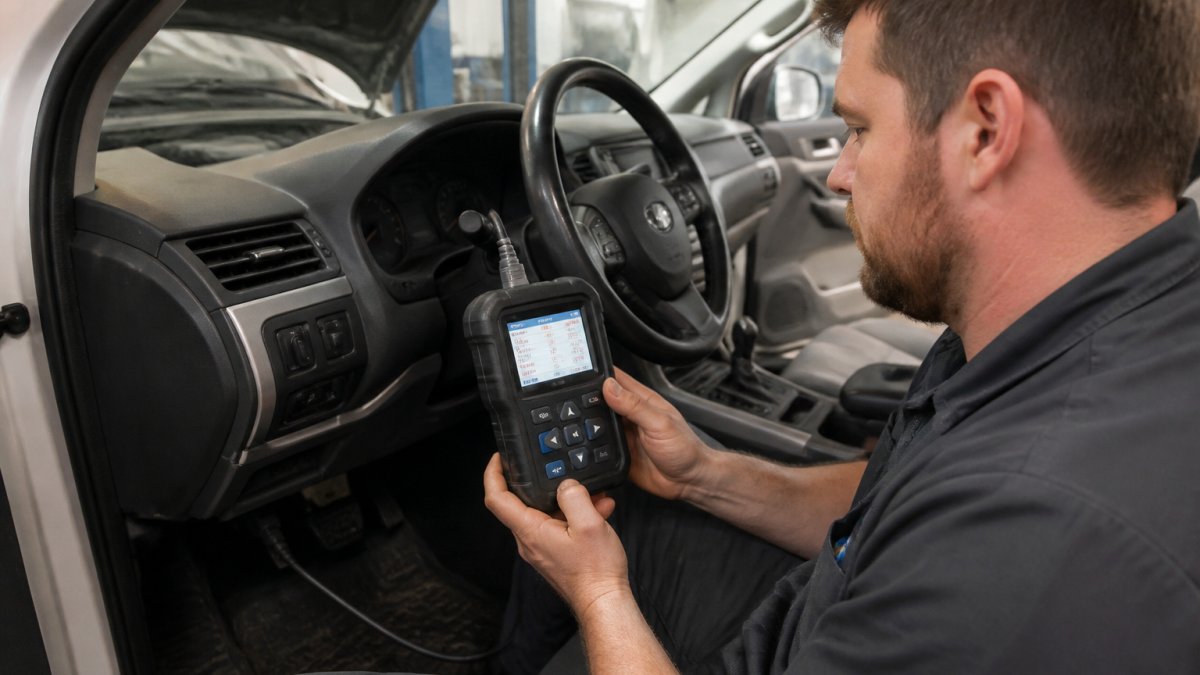 Technician using professional vehicle diagnostic tools to read live OBD2 scanner data under the dashboard