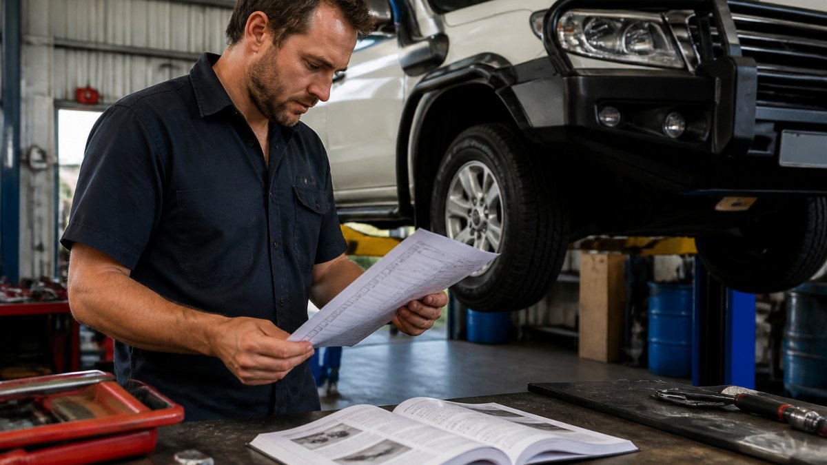 Mechanic reviewing a printed logbook service checklist beside a car on a hoist