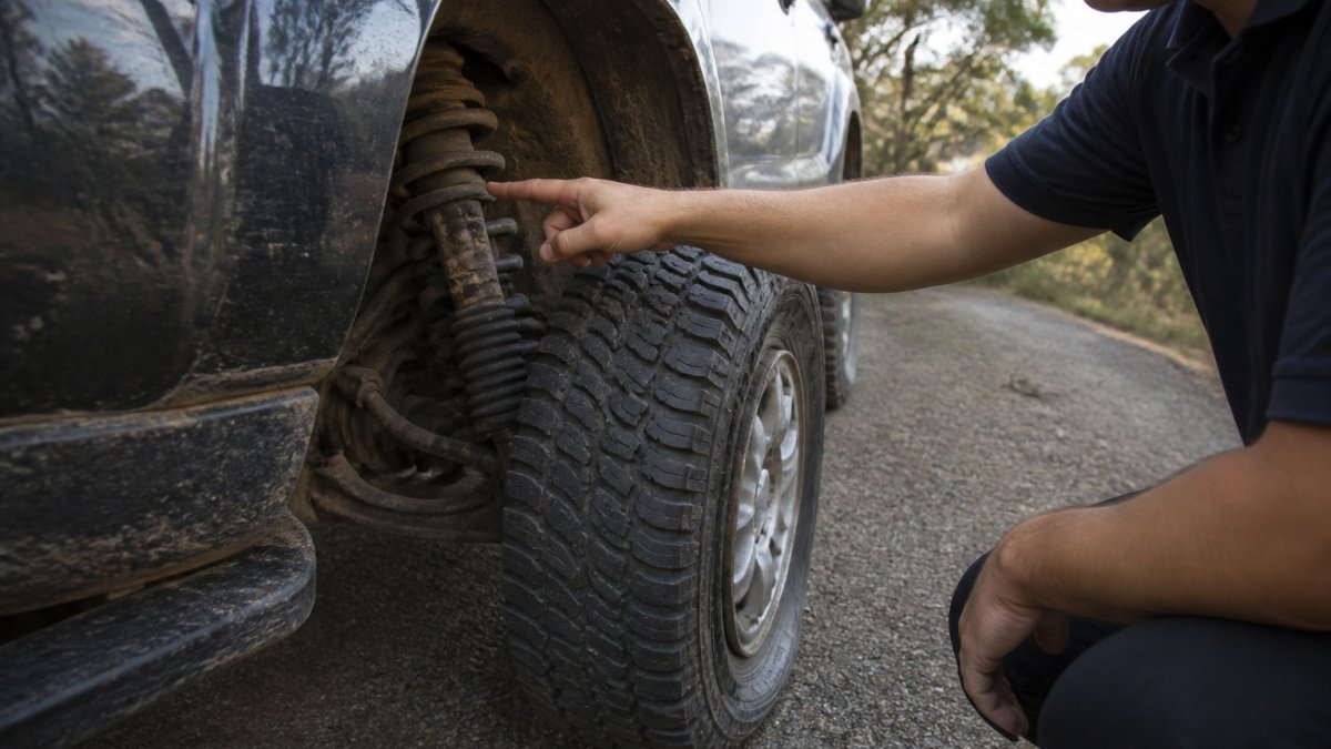 Technician pointing to a shock absorber during a 4WD suspension checkup on a gravel track